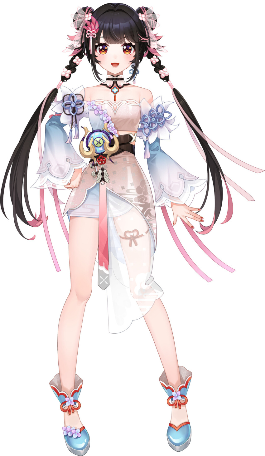 1girl :d ankle_cuffs bare_legs bare_shoulders belt black_hair blue_flower blunt_bangs blush brown_belt chinese_commentary cloud_print commentary_request detached_collar detached_sleeves double_bun dress earrings flower full_body hair_bun hair_flower hair_ornament hair_ribbon hand_on_own_hip highres jewelry leg_ribbon legs_apart long_hair long_sleeves looking_at_viewer luona multicolored_hair nebula_beat official_art orange_eyes pink_dress pink_flower pink_hair pink_ribbon red_nails red_ribbon ribbon see-through see-through_skirt_layer short_dress single_earring smile solo standing strapless strapless_dress streaked_hair tachi-e tassel teeth thigh_ribbon tube_dress twintails very_long_hair virtual_youtuber white_background wide_sleeves yin_yang yin_yang_earrings