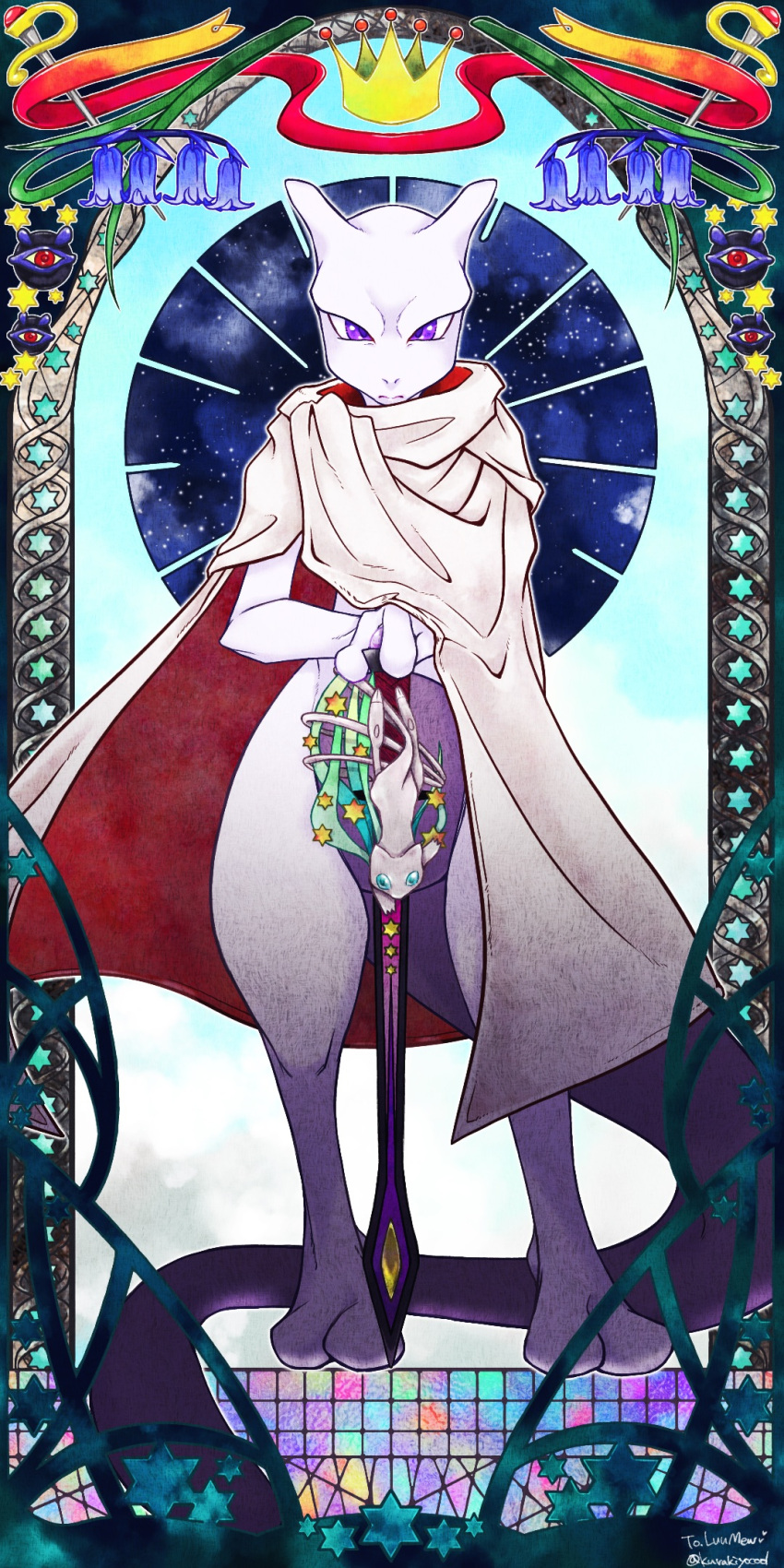 art_nouveau bluebell_(flower) cape clone_ball closed_mouth crown full_body furry highres kurakiyocool mew_(pokemon) mewtwo no_humans nostrils pokemon pokemon_(creature) rapier red_ribbon ribbon scepter standing star_(symbol) sword twitter_username weapon white_cape