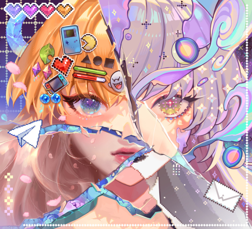 2girls blonde_hair blue_eyes boo_(mario) commentary crack dual_persona english_commentary falling_petals foundation_logo gradient_eyes green_eyes grey_eyes grey_hair heart_stickers leaf lips long_hair looking_at_viewer lower_teeth_only mario_(series) multicolored_eyes multiple_girls nintendo_switch orange_sekaii original pac-man pac-man_(game) paper_airplane parted_lips petals portrait split_theme star-shaped_pupils star_(symbol) symbol-shaped_pupils teeth