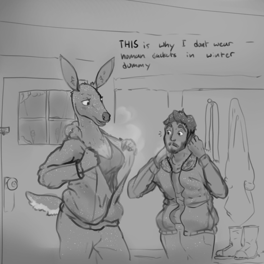 anthro beard boots clothed clothing deer dialogue door duo english_text facial_hair female footwear greyscale hair hi_res human jacket lockheed_martini male male/female mammal monochrome scarf shirt sketch snow tail tank_top text topwear undressing