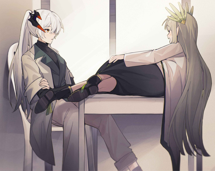 2girls arknights black_footwear black_shirt boots chair coat commentary crossed_arms earclip english_commentary grey_hair grey_pants highres horns long_hair long_sleeves looking_at_another lying muelsyse_(arknights) multiple_girls on_side on_table open_clothes open_coat open_mouth orange_eyes pants photo-referenced pointy_ears ponytail quanx70909457 saria_(arknights) shirt sitting skirt smile table turtleneck very_long_hair white_coat white_hair