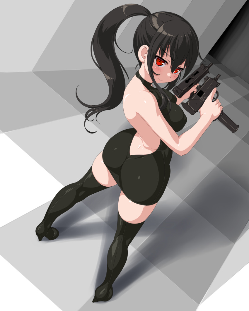 1girl ass bare_shoulders black_dress black_hair boots breasts dd_(ijigendd) dress dual_wielding gun highres holding imi_uzi large_breasts long_hair looking_at_viewer looking_back original ponytail sleeveless sleeveless_turtleneck_dress smile solo submachine_gun thigh_boots trigger_discipline turtleneck_dress weapon