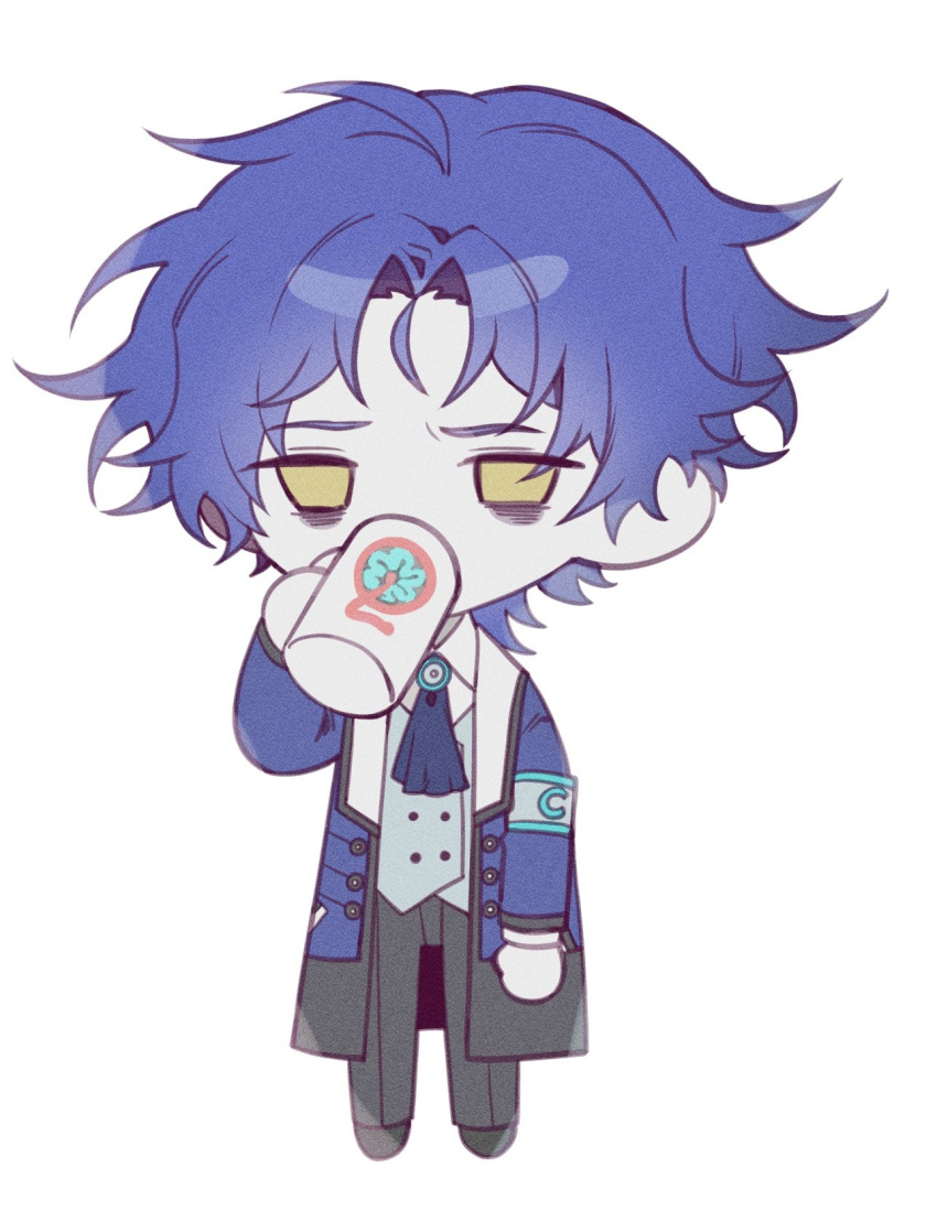 1boy 3cnfw ascot bags_under_eyes black_pants blue_ascot blue_coat blue_hair chesed_(project_moon) chibi coat collared_shirt exhausted grey_vest hand_up highres lobotomy_corporation looking_at_viewer pants project_moon shirt simple_background solo vest white_background white_shirt yellow_eyes