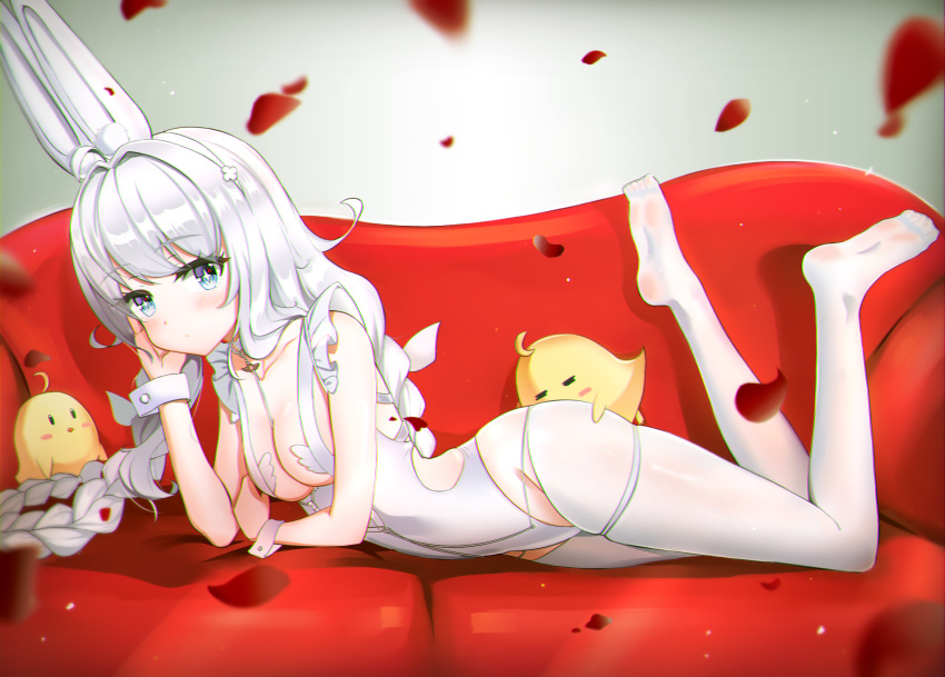 1girl animal_ears arm_support azur_lane bird braid breasts chick cleavage commentary_request couch fake_animal_ears hair_between_eyes hairband head_rest highres j.j_(66752902) le_malin_(azur_lane) le_malin_(listless_lapin)_(azur_lane) legs_up leotard long_hair looking_at_viewer low_twintails lying manjuu_(azur_lane) official_alternate_costume on_stomach playboy_bunny rabbit_ears sidelocks sleeveless symbol-shaped_pupils twin_braids twintails white_leotard