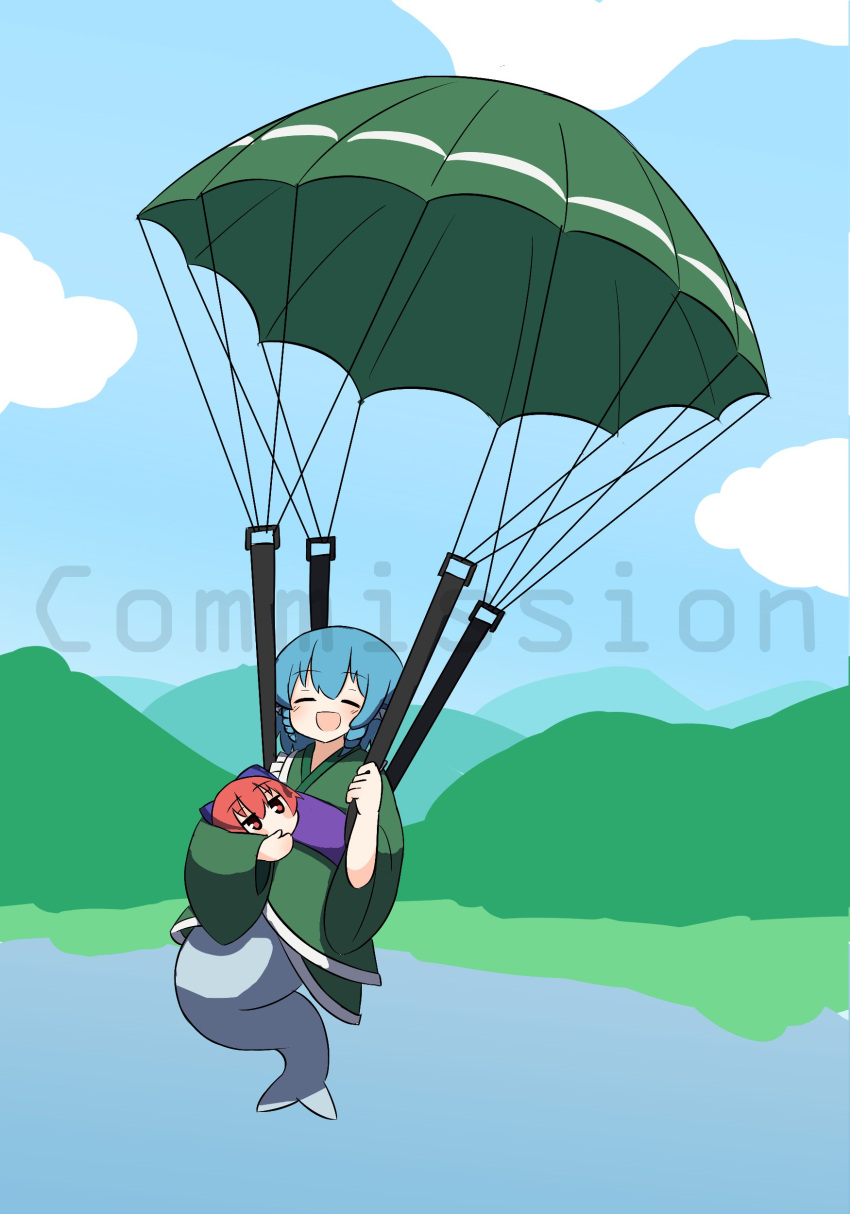 2girls :d absurdres blue_hair blue_sky cloud commentary commission disembodied_head drill_hair drill_sidelocks english_commentary ferdy's_lab green_kimono highres japanese_clothes kimono mermaid monster_girl multiple_girls open_mouth outdoors parachute red_eyes red_hair sekibanki short_hair sidelocks sky smile touhou wakasagihime