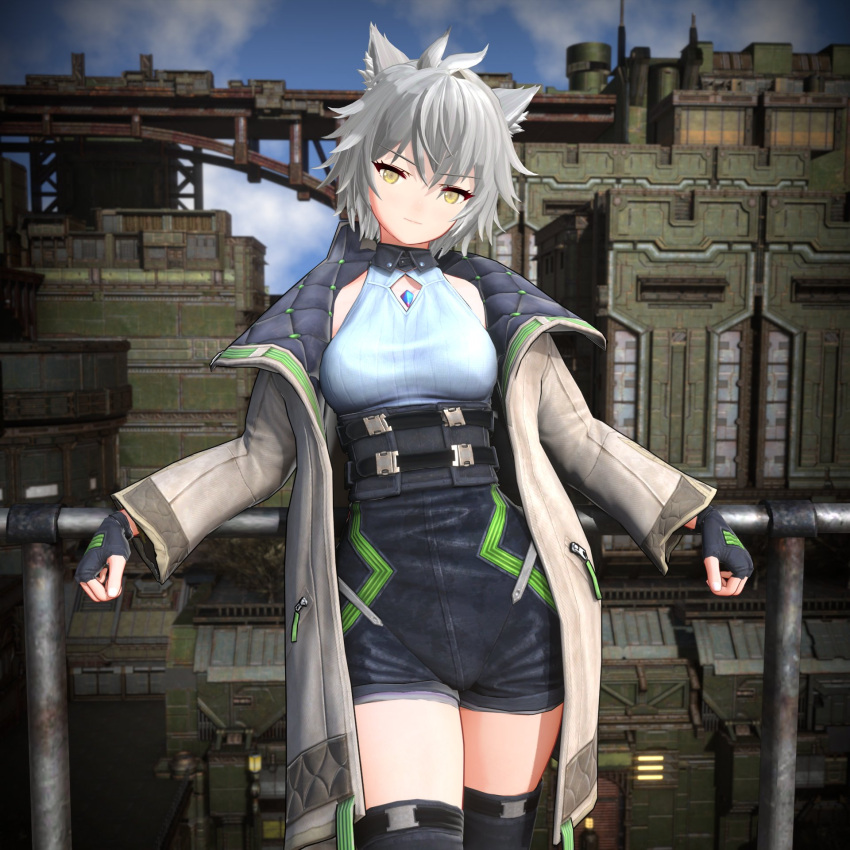 1girl animal_ears blobcg breasts cat_ears cat_girl chest_jewel closed_mouth clothing_cutout core_crystal_(xenoblade) diamond_cutout english_commentary fingerless_gloves gloves high-waist_shorts highres jacket looking_at_viewer medium_breasts messy_hair na'el_(xenoblade) open_clothes open_jacket romper short_hair short_shorts shorts smile solo thighhighs xenoblade_chronicles_(series) xenoblade_chronicles_3 xenoblade_chronicles_3:_future_redeemed yellow_eyes