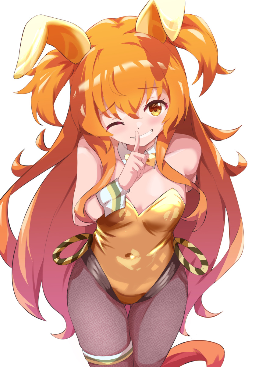 absurdres animal_ears arm_behind_back blush breasts collarbone commentary_request commission covered_navel finger_to_mouth grin hair_between_eyes hair_ornament highres horse_ears horse_girl horse_tail looking_at_viewer mayano_top_gun_(umamusume) one_eye_closed orange_eyes orange_hair pantyhose playboy_bunny sanami_(sanami_t_38) skeb_commission small_breasts smile tail umamusume white_background