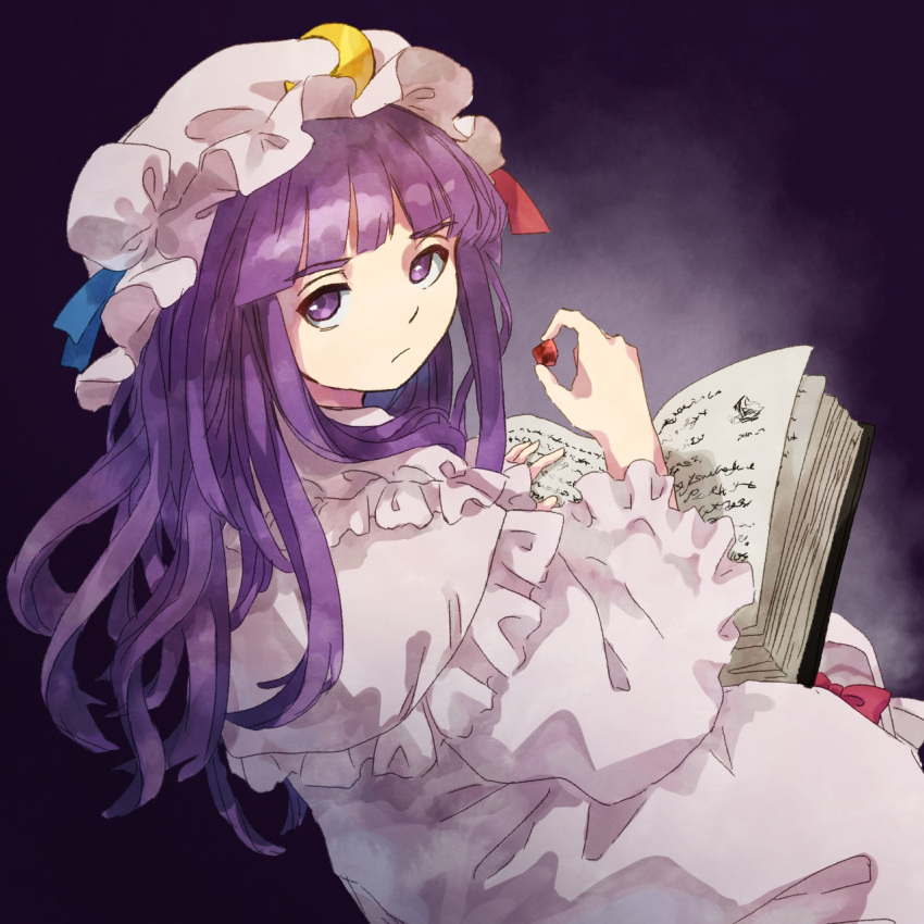 1girl blue_ribbon book capelet closed_mouth commentary_request crescent crescent_hat_ornament dress frilled_capelet frills gem hat hat_ornament hat_ribbon highres holding holding_gem long_sleeves mob_cap open_book patchouli_knowledge purple_eyes purple_hair red_ribbon retrochaossan ribbon solo touhou white_capelet white_dress white_headwear