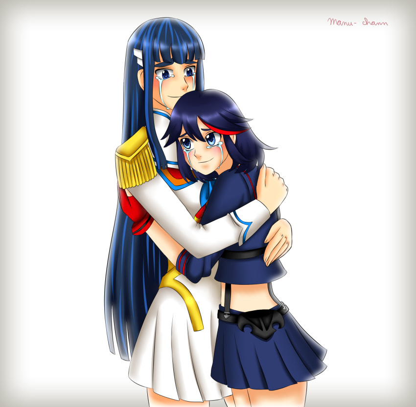 2girls black_hair comission epaulettes happy_tears highres hime_cut hug junketsu kamui_(kill_la_kill) kill_la_kill kiryuuin_satsuki living_clothes manunu_art matoi_ryuuko multiple_girls senketsu siblings signature tears thick_eyebrows