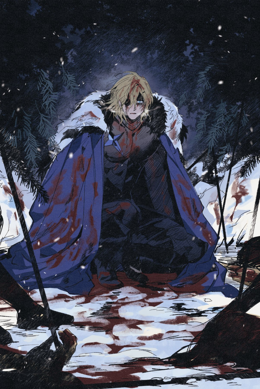 1boy armor black_armor blonde_hair blood blood_on_clothes blood_on_face blue_cape blue_eyes breastplate breath cape corpse dimitri_alexandre_blaiddyd eyepatch fire_emblem fire_emblem:_three_houses fur-trimmed_cape fur_trim hair_between_eyes highres holding holding_polearm holding_weapon horu97 looking_at_viewer male_focus one_eye_covered outdoors polearm sad short_hair snow snowing solo spear weapon