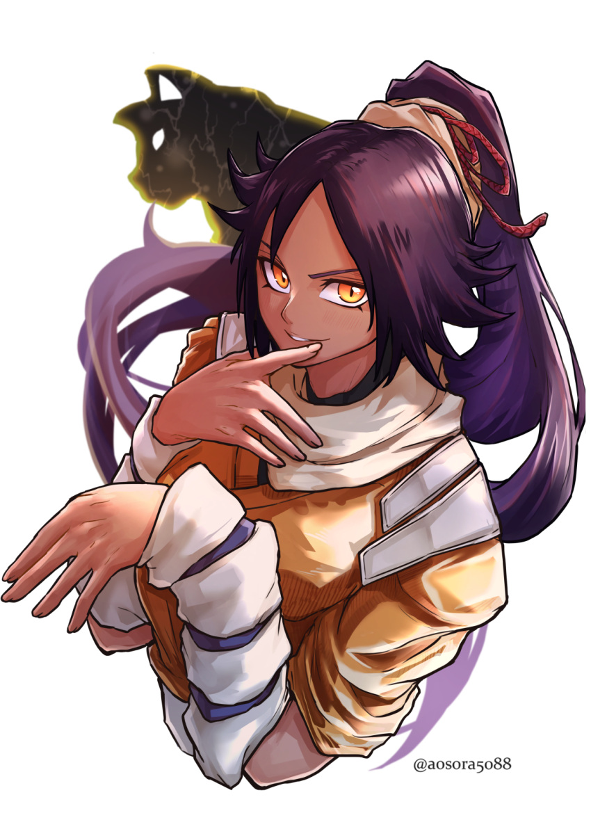 1girl aosora2823 black_cat bleach cat dark-skinned_female dark_skin hair_ornament highres long_hair looking_at_viewer orange_eyes ponytail purple_hair shihouin_yoruichi simple_background slit_pupils smile solo twitter_username upper_body white_background