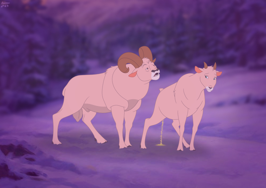 2003 anatomically_correct anatomically_correct_genitalia animal_genitalia balls bodily_fluids bovid brother_bear caprine cloven_hooves digital_drawing_(artwork) digital_media_(artwork) disney duo female feral flehmen_response fully_sheathed fur genital_fluids genitals hi_res hooves horn in_heat lemon_testicles male male/female mammal nude open_mouth ovine_genitalia ovis peeing quadruped reinderworld rutting sheath sheep sniffing twisted_horn twisted_horns urine urine_on_ground urine_stream watersports white_body white_fur