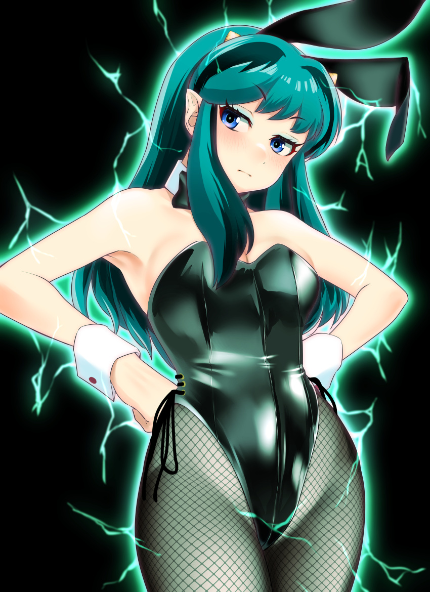 1girl absurdres aura black_background black_bow black_bowtie black_leotard black_pantyhose blue_eyes bow bowtie breasts bunny_day commentary_request electricity fishnet_pantyhose fishnets green_hair hands_on_own_hips highres horns leotard long_hair looking_at_viewer lum medium_breasts multicolored_hair nanao_futaba oni_horns pantyhose pointy_ears pout side-tie_leotard simple_background solo strapless strapless_leotard streaked_hair two-tone_hair urusei_yatsura