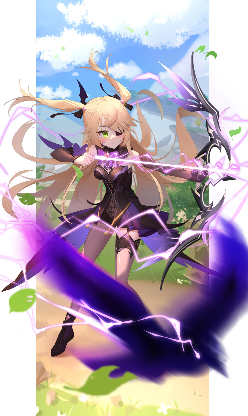 1girl absurdres arrow_(projectile) bare_shoulders bat_ornament bird black_footwear black_ribbon blonde_hair blue_sky blush bodystocking boots bow bow_(weapon) bowtie breasts collar crow day eyepatch fischl_(genshin_impact) garter_straps genshin_impact gloves green_eyes hair_over_one_eye hair_ribbon high_heels highres holding holding_bow_(weapon) holding_weapon leaf leotard lightning lijiahao5103 long_hair medium_breasts mitternachts_waltz_(genshin_impact) outdoors oz_(genshin_impact) purple_bow purple_bowtie purple_ribbon ribbon single_glove single_leg_pantyhose single_sleeve single_thighhigh sky smile tailcoat thighhighs two_side_up weapon