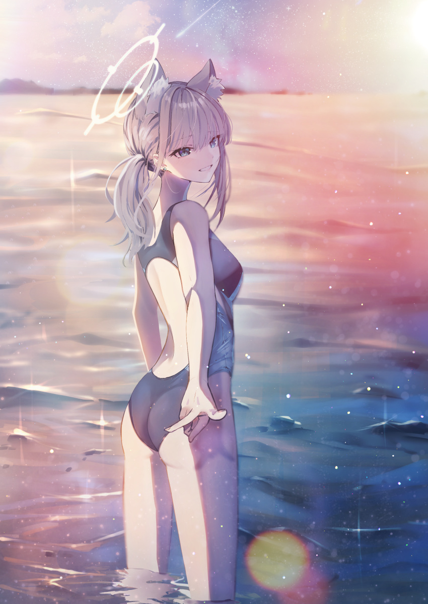 1girl absurdres animal_ear_fluff animal_ears ass back_cutout blue_archive breasts clothing_cutout earrings extra_ears grey_hair halo highres jewelry looking_at_viewer looking_back medium_breasts official_alternate_costume outdoors ponytail refraction shiroko_(blue_archive) shiroko_(swimsuit)_(blue_archive) sidelocks smile solo sparkle stud_earrings sumutemu two-tone_one-piece_swimsuit v wolf_ears