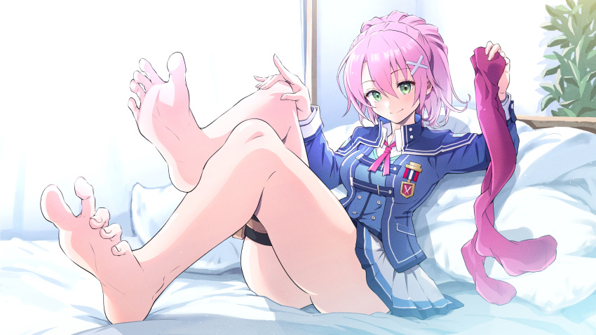1girl arm_up ass barefoot bed_sheet bedroom blue_jacket blue_skirt blue_vest blush breasts buttons closed_mouth collared_shirt commission curtains double-breasted eiyuu_densetsu feet foot_focus foot_up foreshortening green_eyes hair_between_eyes hair_ornament hand_up highres holding honshiro_nikori impossible_clothes indoors jacket juna_crawford knees_up leaning_back legs long_hair long_sleeves looking_at_viewer medium_breasts miniskirt multicolored_clothes multicolored_skirt neck_ribbon pillow pink_hair pink_ribbon plant pleated_skirt pointing pointing_up purple_thighhighs ribbon school_uniform sen_no_kiseki sen_no_kiseki_iii shadow shirt sidelocks sitting skeb_commission skirt smile soles solo spread_toes thigh_pouch thighhighs thighhighs_removed thighs thors_military_academy_branch_campus_uniform toe_scrunch toenails toes vest white_shirt window x_hair_ornament