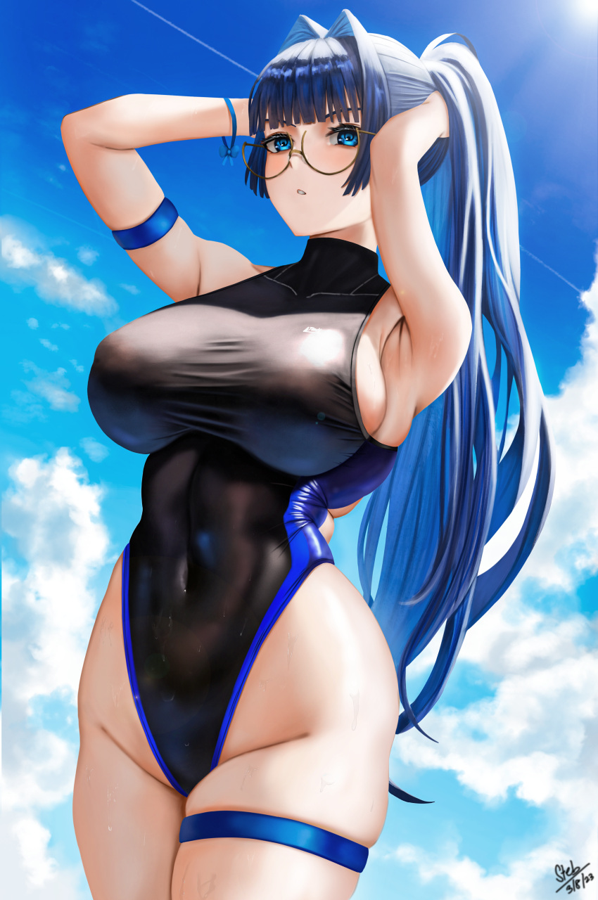 1girl absurdres alternate_hairstyle armband armpits arms_up bangs black_one-piece_swimsuit blue_eyes blue_hair blue_sky blunt_bangs breasts cloud covered_navel dated day glasses groin hair_intakes high_ponytail highleg highleg_swimsuit highres hololive hololive_english large_breasts one-piece_swimsuit ouro_kronii outdoors parted_lips signature skindentation sky solo steb swimsuit thigh_strap thighs virtual_youtuber wet wristband