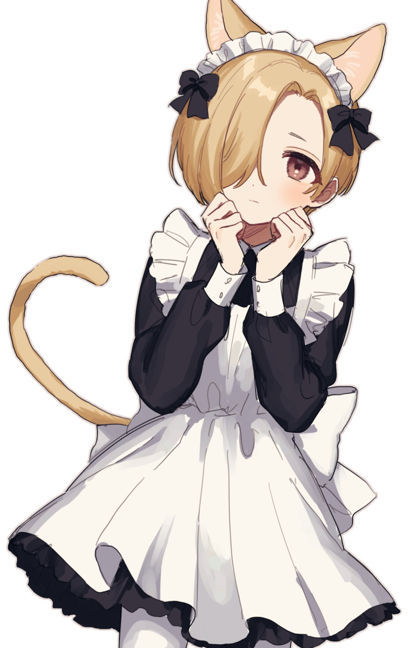 1girl alternate_costume animal_ears apron asymmetrical_bangs black_dress blonde_hair blush cat_ears cat_tail chiyoko_(tykchiyo) clenched_hands dress enmaided hair_over_one_eye highres idolmaster idolmaster_cinderella_girls long_bangs long_sleeves looking_at_viewer maid maid_headdress one_eye_covered pantyhose shirasaka_koume simple_background solo tail white_apron white_background white_pantyhose