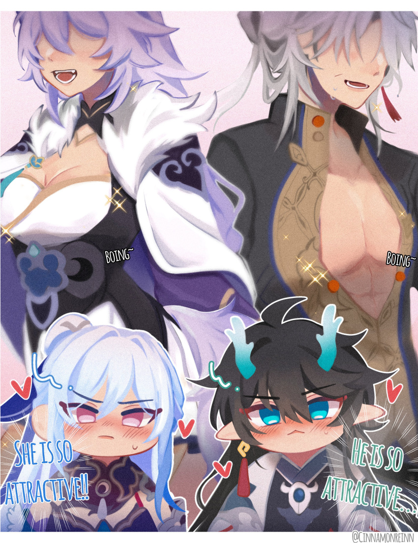 2boys 2girls absurdres ahoge baiheng_(honkai:_star_rail) black_hair blue_hairband blush breasts chibi chinese_clothes cinnamonreinn cleavage closed_mouth dan_feng_(honkai:_star_rail) dan_heng_(honkai:_star_rail) dan_heng_(imbibitor_lunae)_(honkai:_star_rail) dragon_boy dragon_horns earrings english_commentary english_text green_eyes green_horns hair_between_eyes hairband heart high_ponytail highres honkai:_star_rail honkai_(series) horns imber jewelry jingliu_(honkai:_star_rail) large_breasts long_hair lower_teeth_only multiple_boys multiple_girls no_eyes open_clothes open_mouth pectorals red_eyeliner single_earring teeth twitter_username white_hair yaoi yingxing_(honkai:_star_rail) yuri