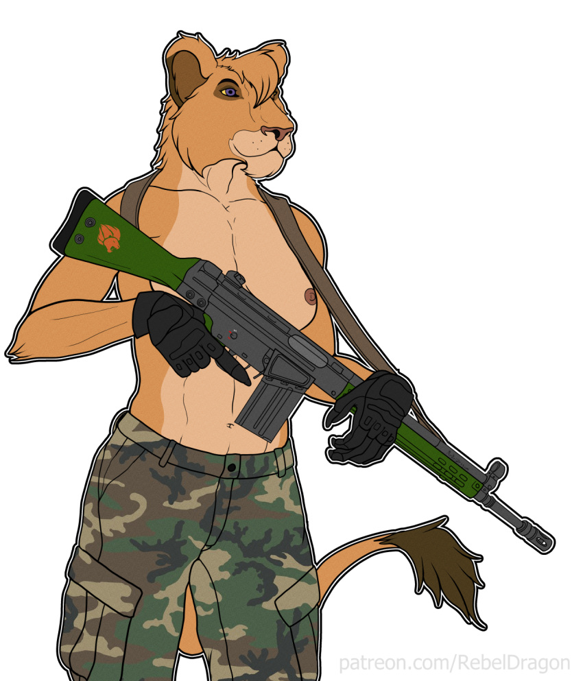 anthro army assault_rifle breasts clothed clothing disney fatigues felid feline female gun hi_res hk_g3 hkg3 lion mammal pantherine park_ranger ranged_weapon ranger rebeldragon101 rifle soldier tactical the_lion_guard the_lion_king topless topless_female vitani_(the_lion_king) warrior weapon