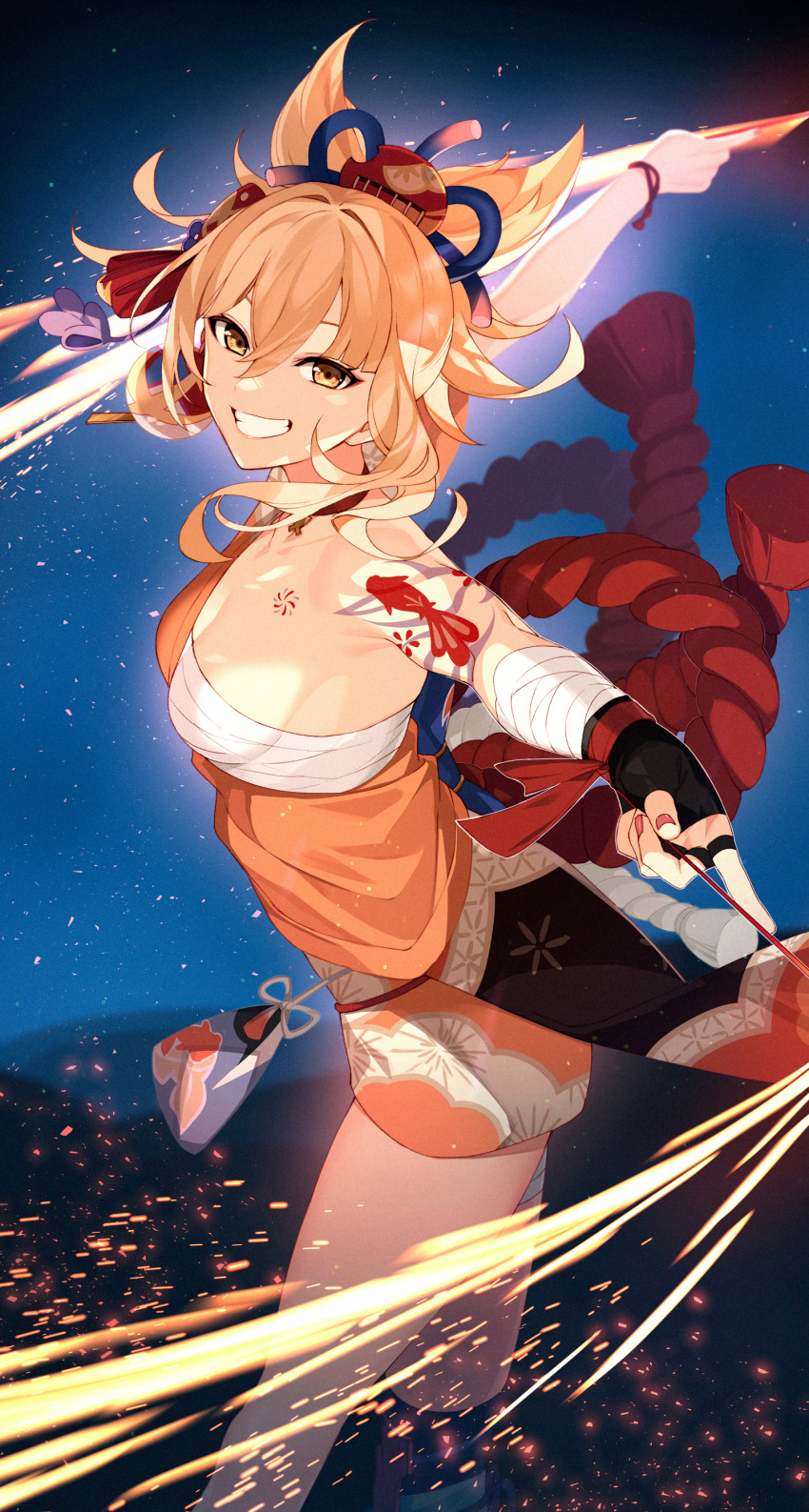 1girl absurdres arm_tattoo bandages blonde_hair breasts chest_tattoo choker fireworks fish genshin_impact gloves goldfish hair_between_eyes hair_ornament highres japanese_clothes kimono looking_at_viewer onimoti orange_kimono ponytail red_choker sarashi smile solo tattoo yellow_eyes yoimiya_(genshin_impact)