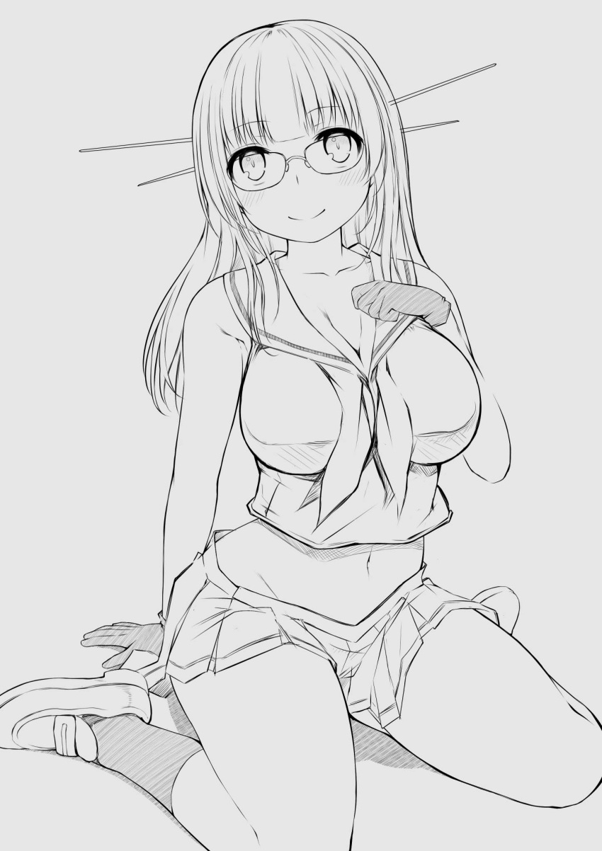1girl blush breasts choukai_(kancolle) crop_top glasses gloves greyscale hand_on_own_chest headgear highres kantai_collection kuromayu large_breasts long_hair looking_at_viewer miniskirt monochrome neckerchief pleated_skirt sailor_collar shirt simple_background sitting sketch skirt sleeveless sleeveless_shirt smile socks solo