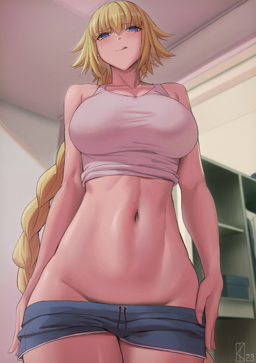 1girl absurdres blonde_hair blue_eyes blush braid braided_ponytail breasts collarbone eyebrows_hidden_by_hair fate/apocrypha fate_(series) highres jeanne_d'arc_(fate) jeanne_d'arc_(ruler)_(fate) kakeku large_breasts licking_lips looking_at_viewer navel short_shorts shorts signature solo stomach tank_top thighs tongue tongue_out white_tank_top