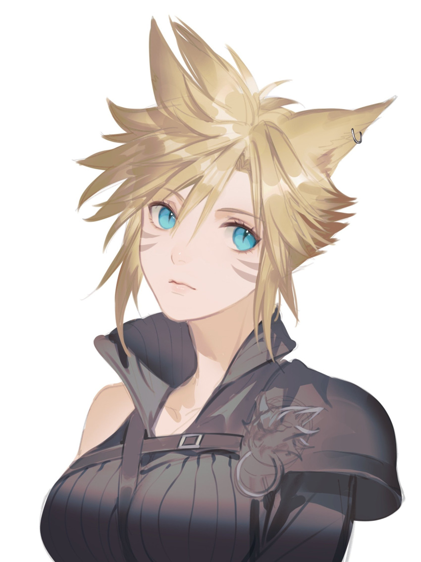 1girl alternate_universe animal_ears armor asymmetrical_sleeves blonde_hair blue_eyes cat_ears cat_girl chest_harness cloud_strife crossover ear_piercing expressionless facial_mark final_fantasy final_fantasy_vii final_fantasy_xiv genderswap harness high_collar highres in-franchise_crossover messy_hair miqo'te pauldrons piercing shirt short_hair shoulder_armor single_pauldron sleeveless sleeveless_shirt sleeveless_turtleneck slit_pupils turtleneck xianyu314