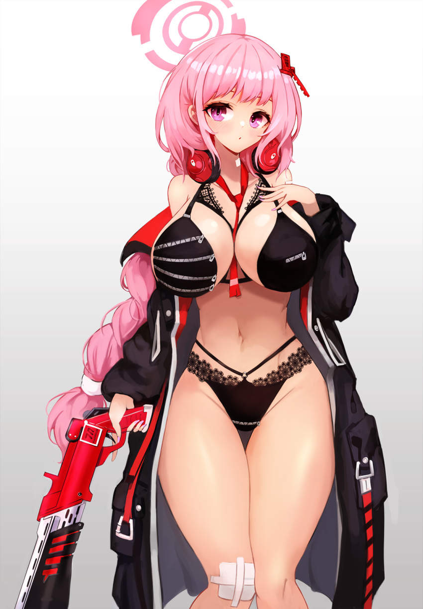 1girl bandaid bandaid_on_knee bandaid_on_leg between_breasts bikini black_bikini black_coat blue_archive blush bra breasts coat eimi_(blue_archive) feet_out_of_frame groin gun hair_ornament halo headphones headphones_around_neck highres holding holding_gun holding_weapon jacket lace-trimmed_bikini lace-trimmed_bra lace-trimmed_panties lace_trim large_breasts long_hair looking_at_viewer navel necktie necktie_between_breasts notte panties pink_eyes pink_hair pump_action purple_eyes red_necktie shotgun simple_background solo spas-12 stomach swimsuit thigh_gap thighs underwear weapon weapon_request