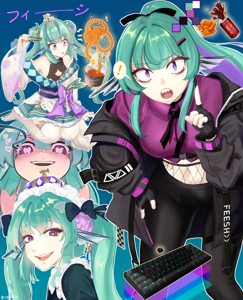 ! absurdres black_gloves black_jacket black_pants chopsticks collared_shirt crop_top crown double_bun finana_ryugu finana_ryugu_(2nd_costume) finana_ryugu_(3rd_costume) fingerless_gloves fins fishnets gloves green_hair hair_bun halterneck head_fins heart heart-shaped_pupils high_ponytail highres holding holding_chopsticks jacket japanese_clothes keyboard_(computer) kimono long_hair maid_headdress mini_crown nijisanji nijisanji_en no_shoes open_clothes open_jacket pants purple_eyes purple_shirt ramnik5 sharp_teeth shirt short_kimono sitting spoken_exclamation_mark symbol-shaped_pupils teeth thighhighs twintails virtual_youtuber wariza white_thighhighs