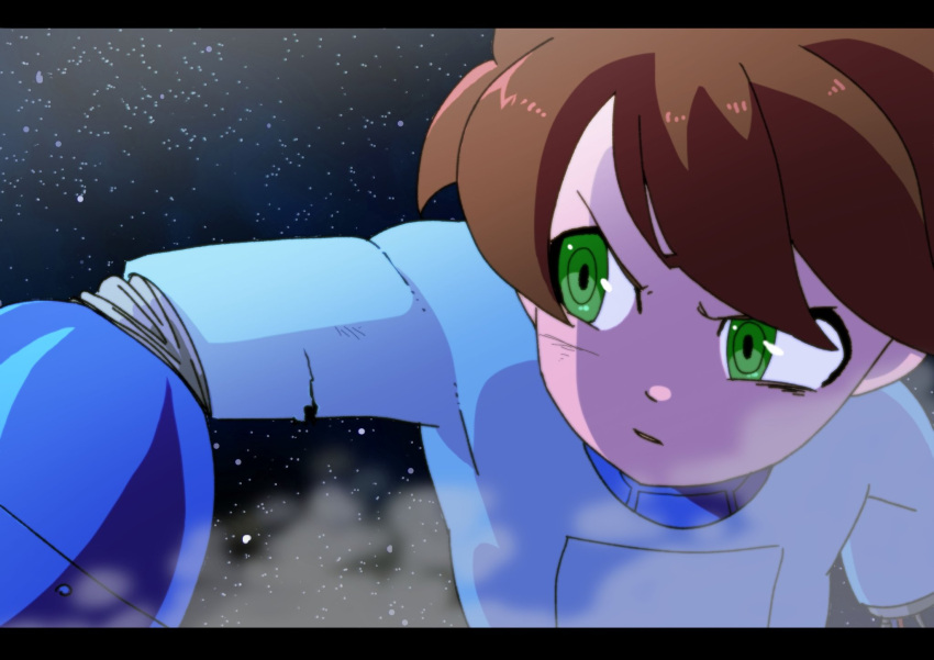 1boy amputee android arm_cannon blue_bodysuit bodysuit broken brown_hair commentary_request green_eyes highres letterboxed looking_to_the_side male_focus mechanical_parts mega_buster mega_man_(character) mega_man_(classic) mega_man_(series) night night_sky no_headwear parted_lips ringed_eyes short_hair sky solo star_(sky) starry_sky steam takenokonoko upper_body v-shaped_eyebrows weapon