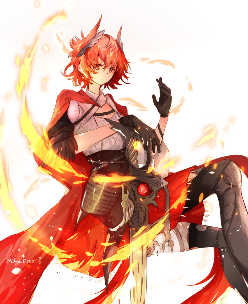 1girl absurdres arknights arya_melati black_gloves black_thighhighs closed_mouth commentary fiammetta_(arknights) fiammetta_(divine_oath)_(arknights) fire gloves hair_between_eyes hand_up highres long_sleeves looking_at_viewer pyrokinesis red_eyes red_hair red_skirt shirt short_hair simple_background skirt solo thighhighs twitter_username watermark weapon white_background white_shirt