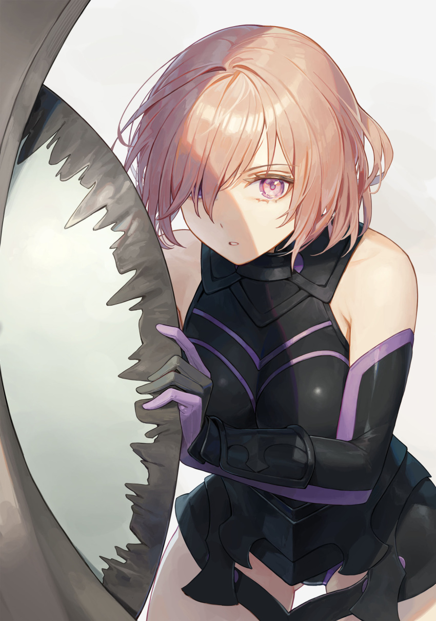 1girl absurdres armored_leotard black_gloves black_leotard breasts cotta_(heleif) elbow_gloves fate/grand_order fate_(series) gloves hair_over_one_eye highres holding holding_shield large_breasts leaning_forward leotard looking_at_viewer lord_camelot_(fate) mash_kyrielight parted_lips pink_hair purple_eyes purple_gloves shadow shield short_hair simple_background solo two-tone_gloves