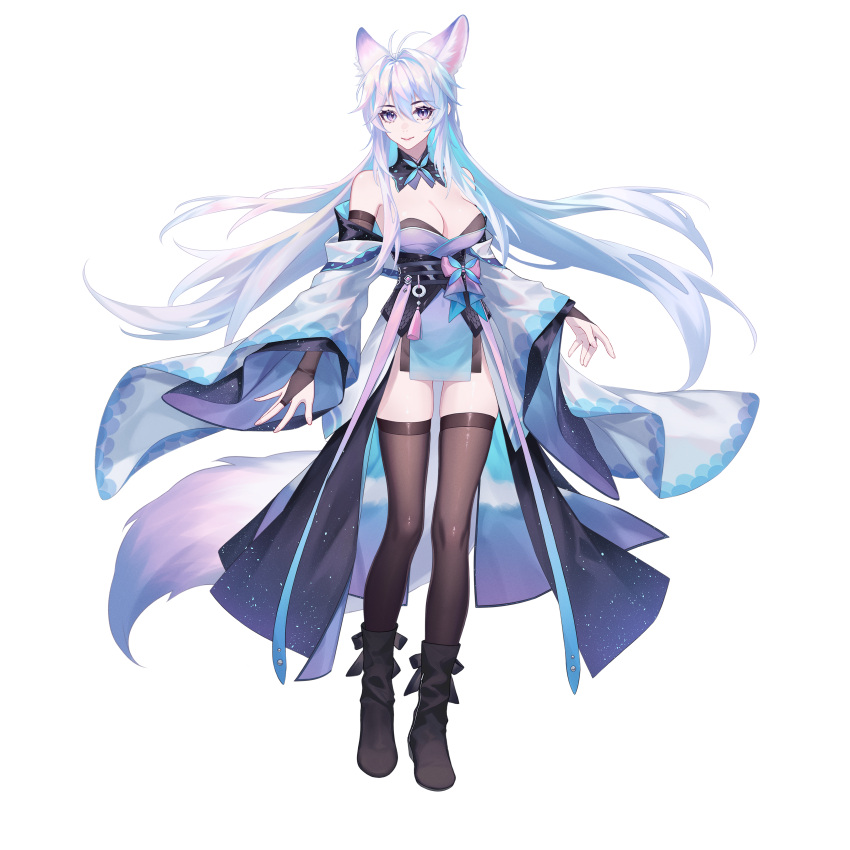 1girl absurdres animal_ears antenna_hair black_footwear black_thighhighs boots breasts cleavage detached_sleeves dress floating_hair fox_ears fox_girl fox_tail full_body grey_hair hair_between_eyes highres jewelry kirby_d_a large_breasts long_hair looking_at_viewer original parted_lips purple_eyes ring simple_background smile solo standing strapless strapless_dress tachi-e tail thighhighs very_long_hair white_background white_dress wide_sleeves