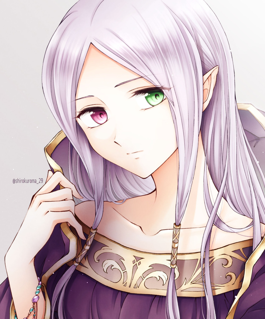 1girl closed_mouth collarbone commentary_request fire_emblem fire_emblem:_the_binding_blade forehead gold_trim green_eyes grey_background hair_ornament hair_tubes heterochromia highres idunn_(fire_emblem) jewelry light_purple_hair long_hair looking_at_viewer parted_bangs pointy_ears purple_eyes purple_robe robe shirokuroma_29 simple_background solo twitter_username