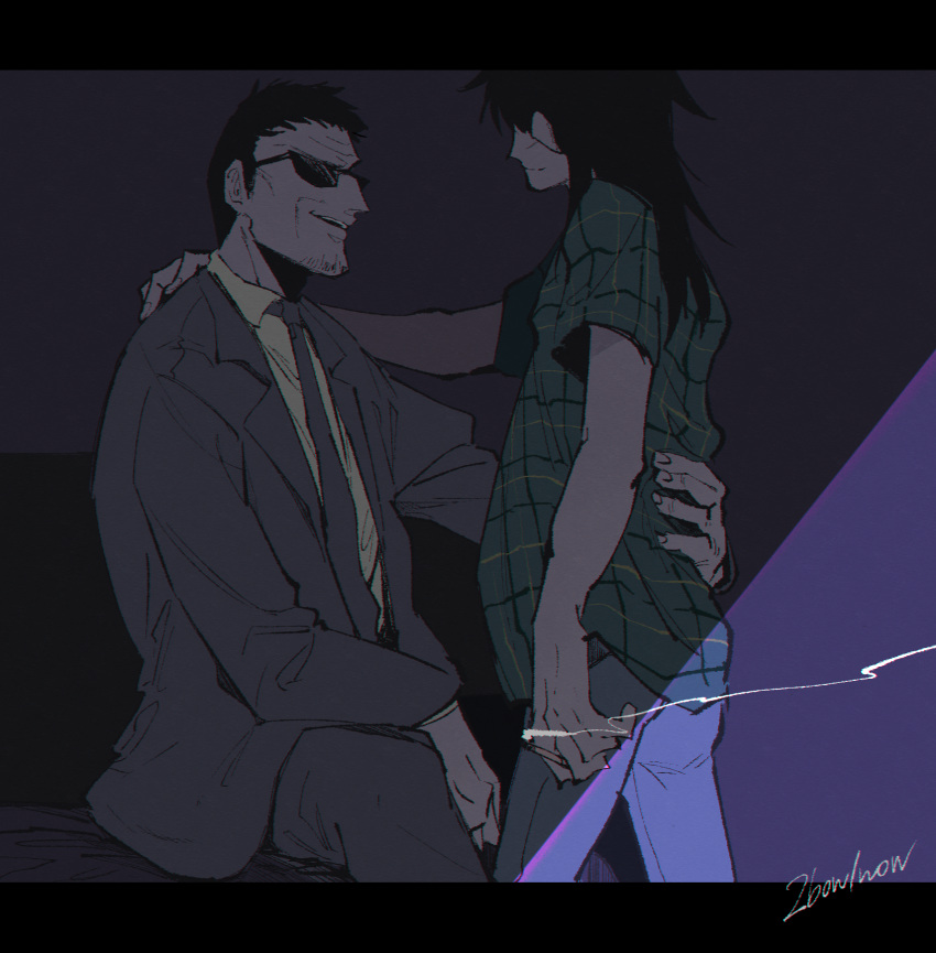 2boys age_difference black_hair blue_pants cigarette collared_shirt commentary_request endou_yuuji facial_hair feet_out_of_frame goatee green_shirt grey_jacket grey_necktie grey_pants hand_on_another's_back hand_on_another's_shoulder highres holding holding_cigarette inudori itou_kaiji jacket kaiji letterboxed long_hair long_sleeves looking_at_another male_focus multiple_boys necktie open_mouth pants purple_background shirt short_bangs short_hair short_sleeves signature sitting standing suit sunglasses very_short_hair white_shirt yaoi