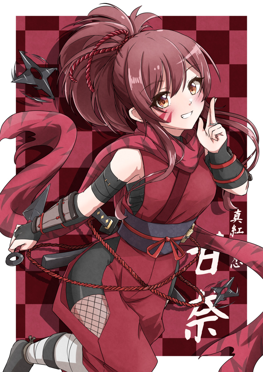 1girl absurdres armband bracer brown_eyes brown_hair character_name checkered_background facepaint fishnet_pantyhose fishnets hand_up high_ponytail highres howaso idolmaster idolmaster_shiny_colors japanese_clothes kunai leg_wrap long_hair ninja osaki_amana pantyhose red_background red_scarf scarf shuriken solo weapon