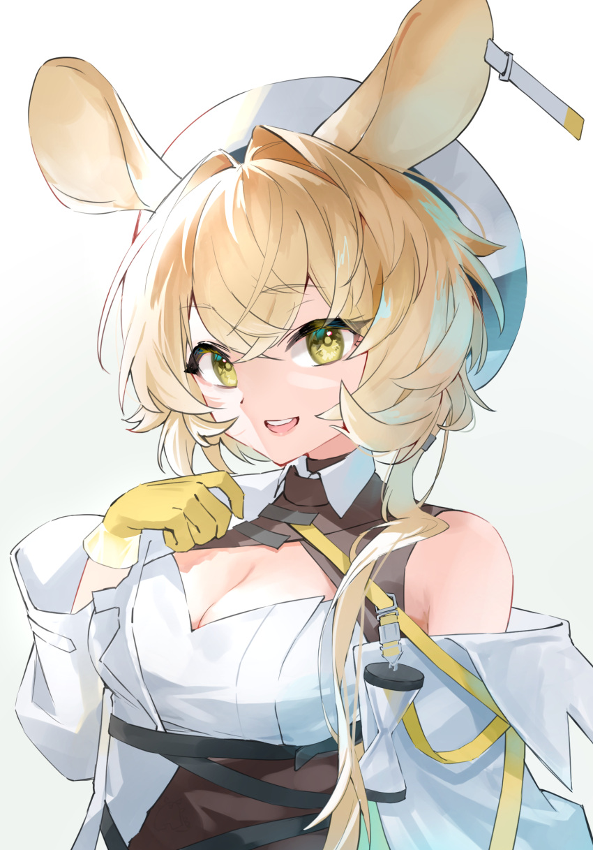 1girl :d animal_ears arknights bare_shoulders blonde_hair breasts cleavage cleavage_cutout clothing_cutout dorothy_(arknights) gloves green_eyes hair_intakes hat highres hourglass large_breasts long_hair long_sleeves looking_at_viewer mouse_ears nitoron open_mouth simple_background smile solo teeth underbust upper_body upper_teeth_only white_background white_headwear yellow_gloves