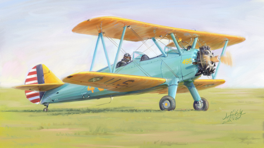 1boy absurdres aircraft airplane biplane day goggles highres jeffholy male_focus military_vehicle original outdoors pilot pilot_helmet propeller signature solo stearman_pt-17 vehicle_focus