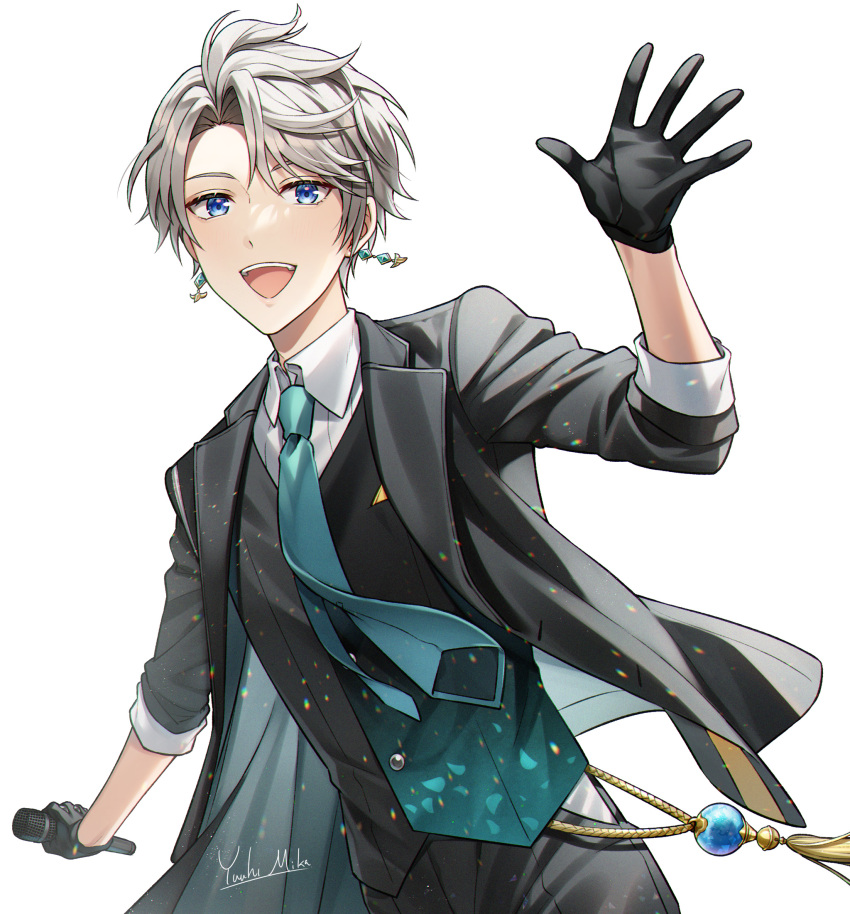 1boy :d artist_name black_gloves black_jacket black_pants blue_eyes blush buttons collared_shirt commentary_request earrings eyelashes gloves gradient_clothes green_necktie grey_hair hair_between_eyes hand_up highres holding holding_microphone jacket jewelry kaida_haru kaida_haru_(5th_costume) lapels light_particles long_sleeves looking_at_viewer male_focus microphone multicolored_clothes multicolored_vest necktie nijisanji official_alternate_costume open_clothes open_jacket open_mouth pants parted_bangs shirt short_hair simple_background sleeves_rolled_up smile solo tassel teeth two-sided_fabric two-sided_jacket upper_teeth_only vest virtual_youtuber white_background white_shirt wing_collar yuuhi_mika