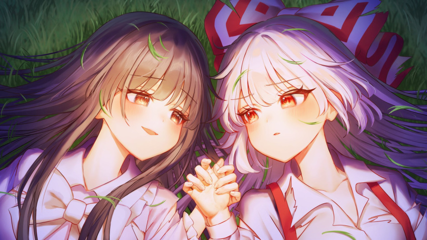 2girls black_hair bow bowtie brown_eyes collared_shirt commentary_request commission eye_contact frilled_sleeves frills fujiwara_no_mokou hair_bow highres holding_hands houraisan_kaguya long_hair long_sleeves looking_at_another lying multiple_girls on_back on_grass open_mouth red_bow red_eyes shirt skeb_commission smile suspenders torn_clothes touhou two-tone_bow upper_body waramori_fuzuka white_bow white_bowtie white_shirt