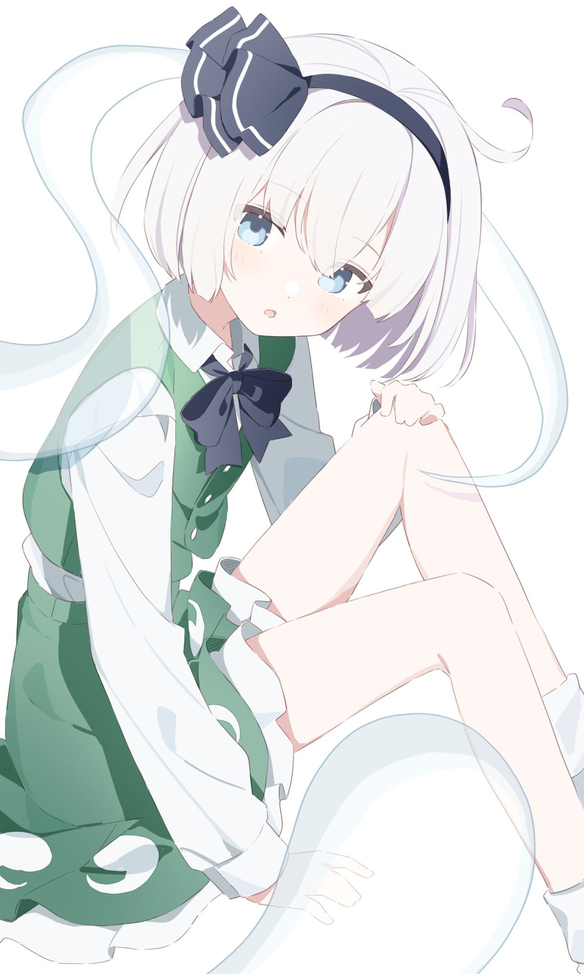 1girl absurdres black_bow blush bow bowtie dress ghost green_dress hairband highres konpaku_youmu konpaku_youmu_(ghost) long_sleeves looking_at_viewer open_mouth simple_background sitting socks solo touhou urotsuki_(2013.04) white_background white_hair white_socks