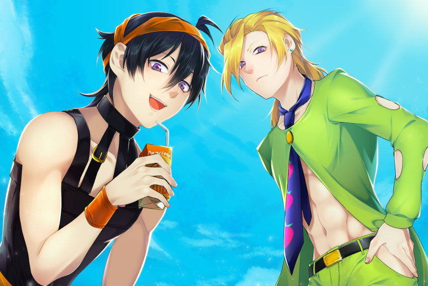 2boys absurdres black_hair blonde_hair clothing_cutout earrings food_print headband highres jewelry jojo_no_kimyou_na_bouken juice_box male_focus multiple_boys narancia_ghirga necktie no_shirt no_undershirt pannacotta_fugo purple_eyes renren_(suiren-ame) sky strawberry_print vento_aureo wristband