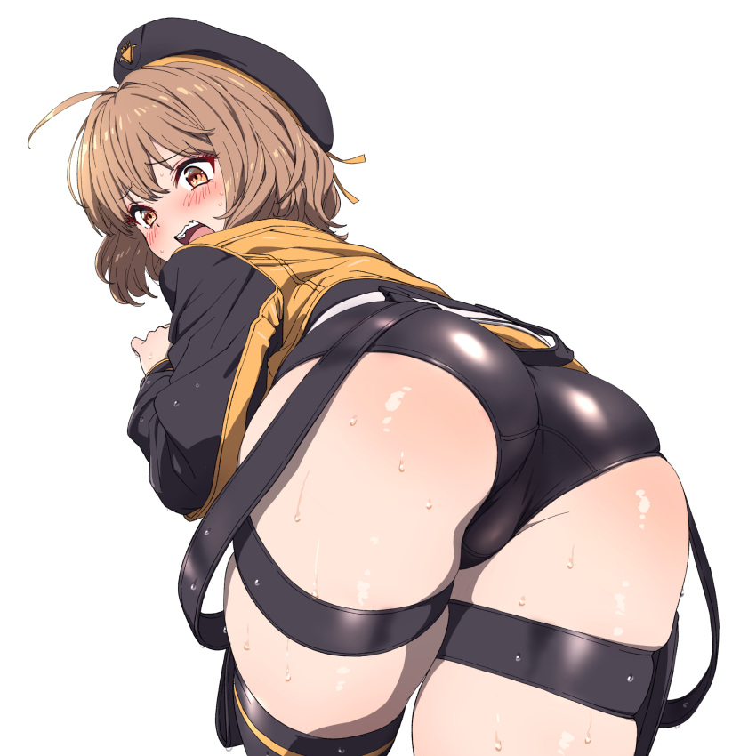 ahoge anis_(nikke) ass beret blonde_hair blush embarrassed goddess_of_victory:_nikke hat highres intensify_0 jacket open_mouth panties pleated_skirt sewer short_hair skirt thigh_strap thighhighs thighs underground underwear white_hair white_skirt yellow_eyes yellow_jacket