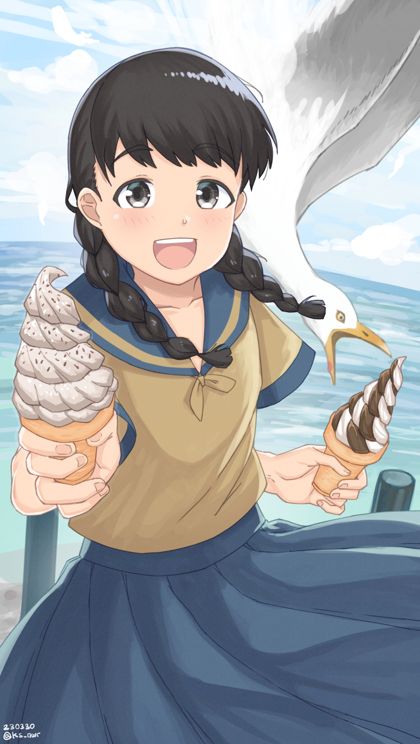 1girl absurdres bird black_hair blue_sailor_collar blue_skirt blue_sky braid brown_shirt cloud day food grey_eyes highres holding holding_food ice_cream kantai_collection landing_ship_no._101_(kancolle) long_hair looking_at_viewer low_twin_braids nwr ocean open_mouth outdoors pleated_skirt round_teeth sailor_collar school_uniform seagull serafuku shirt skirt sky solo teeth twin_braids upper_teeth_only