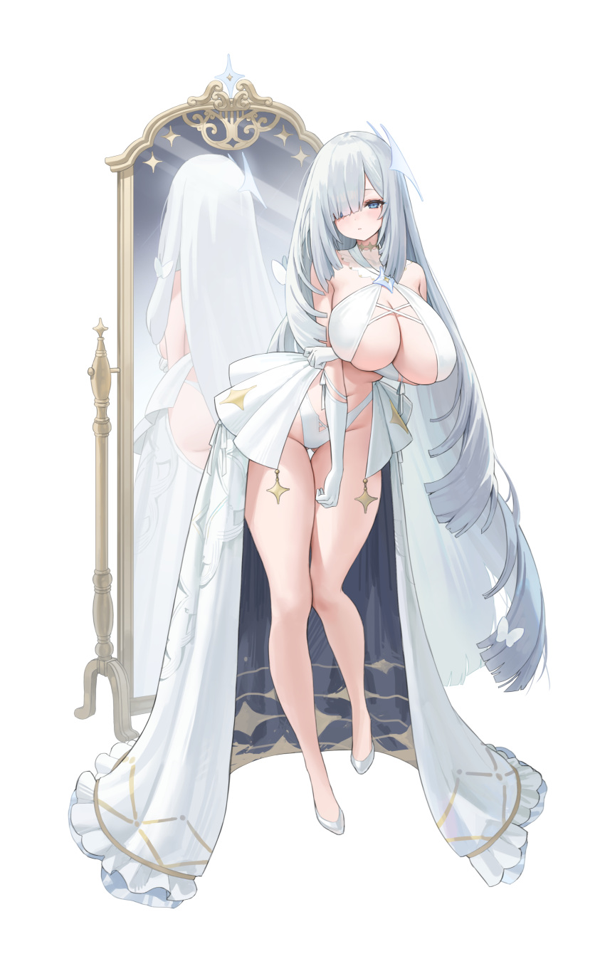 1girl absurdres arm_under_breasts backless_leotard bare_shoulders blush breasts dress full-length_mirror full_body grey_eyes grey_hair hair_over_one_eye highleg highleg_leotard highres huge_breasts leotard long_hair looking_at_viewer mirror navel original p00nipooni reflection revealing_clothes simple_background solo stomach white_background white_dress white_leotard