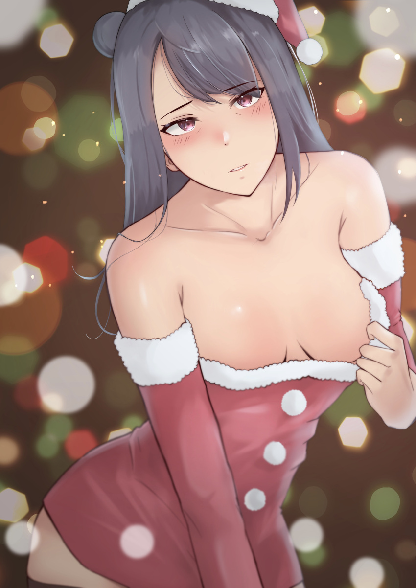 1girl absurdres adjusting_dress armpit_crease black_thighhighs blurry blurry_background blush breasts christmas collarbone commentary_request detached_sleeves double-parted_bangs dress fur-trimmed_dress fur-trimmed_sleeves fur_trim grey_hair hair_bun hat highres long_hair looking_at_viewer love_live! love_live!_sunshine!! mature_female partial_commentary pink_eyes santa_dress santa_hat shadow short_dress single_side_bun small_breasts tareme thighhighs tsushima_yoshiko's_mother ub_takami