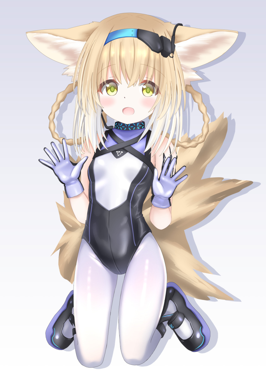 1girl animal_ears arknights black_footwear black_leotard blonde_hair braid breasts fox_ears fox_girl fox_tail gloves green_eyes grey_background hairband headset highres kneeling langley1000 leotard long_hair looking_at_viewer multiple_tails open_mouth pantyhose shoes simple_background small_breasts smile solo suzuran_(arknights) tail thighs twin_braids twintails white_gloves white_pantyhose