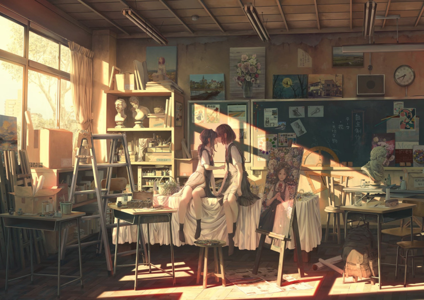 2girls analog_clock art_room bag basket black_dress black_hair black_socks box brown_hair bucket bust_(sculpture) cardboard_box ceiling ceiling_light chair chalkboard clock cup curtains desk dress glass_bottle highres ikegami_kouki indoors kiss ladder long_hair multiple_girls neck_ribbon_grab original painting_(object) pinafore_dress poster_(object) protractor shelf shirt shoes shoes_removed short_hair sidelocks sitting sitting_on_table sleeveless sleeveless_dress socks speaker stool tablecloth undone_neck_ribbon white_shirt window_shade yuri