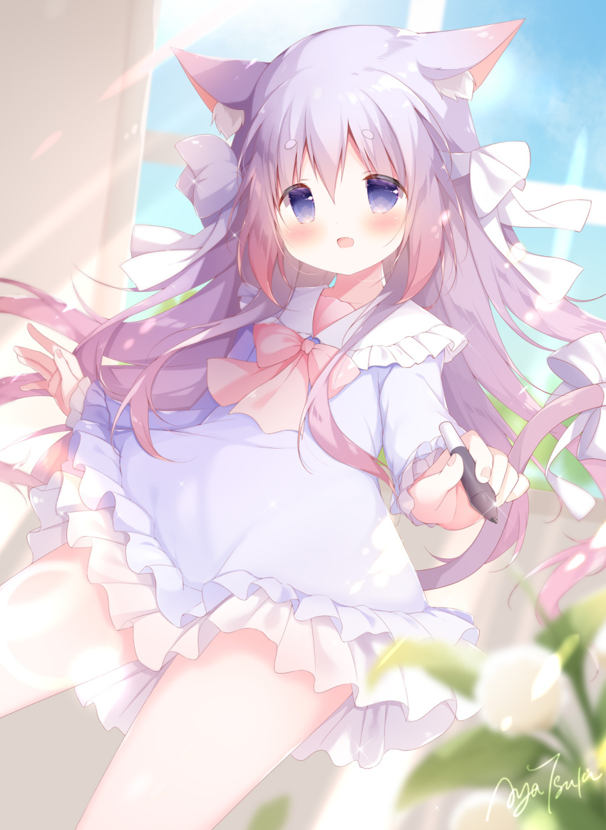 1girl akatsuki_(ytkg5558) animal_ear_fluff animal_ears blue_dress blue_eyes blush bow cat_ears cat_girl cat_tail commentary_request dress fang frilled_dress frills hair_between_eyes hair_ribbon highres holding holding_marker long_hair long_sleeves looking_at_viewer marker open_mouth original pink_bow purple_hair ribbon short_dress skin_fang solo tail tail_bow tail_ornament thick_eyebrows white_ribbon